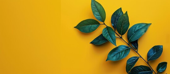 Wall Mural - A green leafy branch contrasts vividly against a sunny yellow backdrop in a clean, minimalist top-down photo with ample copy space.