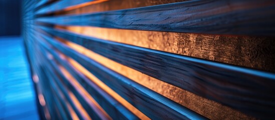 Poster - close-up image of a wooden slat wall with a textured surface under a soft blue light, ideal for addi