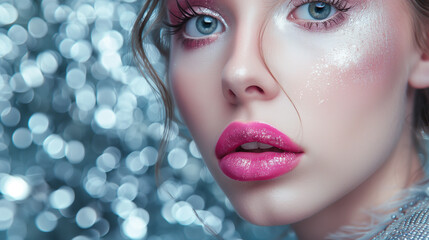 Sticker - woman with silver metallic makeup and with pink lips