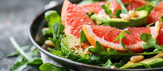 Canvas Print - Healthy raw vegan salad with avocado, grapefruit, arugula, and pine nuts depicted in a close-up copy space image, ideal for spring detox.