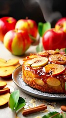 Wall Mural - apple upside-down cake on a decorative plate with steam.Surround cake with whole apples, apple slices, cinnamon sticks and green leaves for decoration.