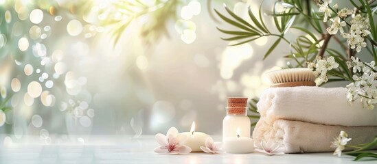 Sticker - Composition of spa essentials on a bright backdrop with space for text, portraying beauty and body care in a scenic copy space image.