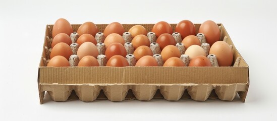 Poster - A cardboard box brimming with freshly laid chicken eggs on a white backdrop, perfect for a copy space image.