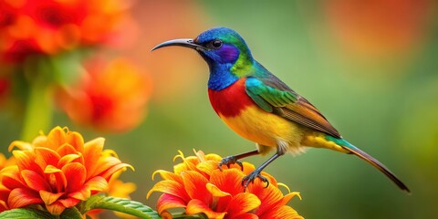 Sticker - Colorful of a sunbird perched on a vibrant flower, sunbird, flower, colorful,nature, wildlife, vibrant, tropical, exotic, beak