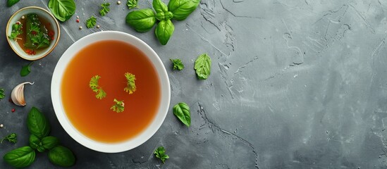 Sticker - Healthy food concept with a top-down view of broth in a bowl on a gray background, ideal for a banner with ample copy space image.