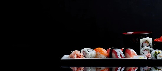 Poster - Traditional Japanese food, a sushi set displayed against a black backdrop with copy space image.