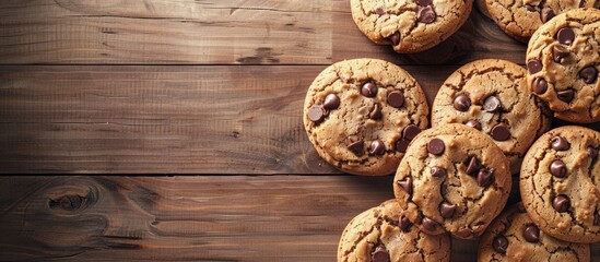 Poster - Copy space image featuring chocolate chip cookies on a wooden table.