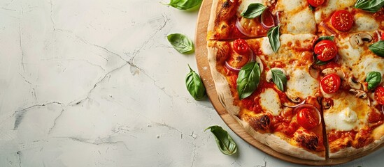 Wall Mural - Close-up of a freshly baked homemade pizza on a light background with copy space image.