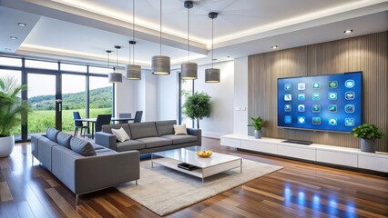 Poster - Smart home with integrated devices and appliances in a modern living space, smart home, connected devices