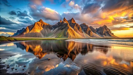 Sticker - Impressive view of Vestrahorn mountain on Stokksnes cape in Iceland during sunset, Vestrahorn, mountain, Stokksnes