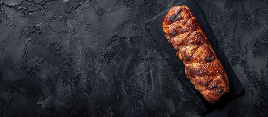 Canvas Print - Top view image of an entire roasted pork tenderloin for barbecue on a black background with space for text. Copy space image. Place for adding text and design