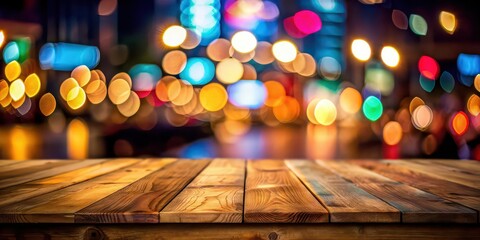 Poster - Blurred bokeh background with wooden table under neon lights at night, neon lights, night view, wooden table