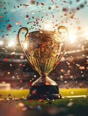 Glittering Soccer Trophy Showered in Celebratory Confetti at Spotlit Stadium