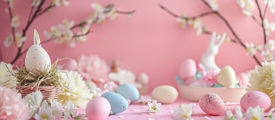 Poster - An Easter-themed backdrop adorned with eggs and decor, ideal for a copy space image.