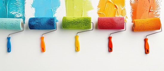 Canvas Print - Different-sized paint rollers on a white background with copy space image for text alongside repair tools.