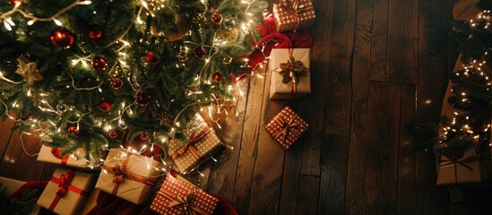 Poster - an aerial perspective of gift boxes placed under a festive tree surrounded by twinkling lights, and 