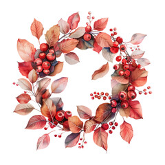 Wall Mural - Autumn wreath made of leaves and berries isolated on a white background