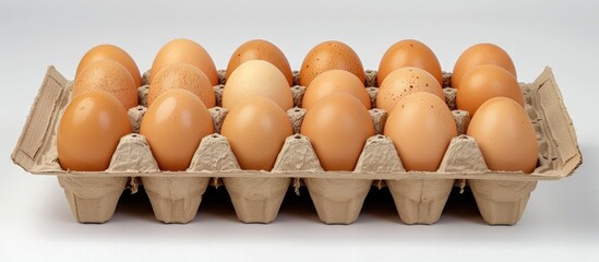 Poster - A cardboard box brimming with freshly laid chicken eggs on a white backdrop, perfect for a copy space image.