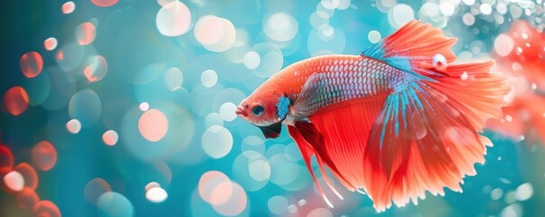 A fish with a red tail is swimming in a blue water. The fish is surrounded by blurry water. Free copy space for text.