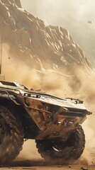 Wall Mural - Armored vehicle in a dusty desert landscape, action-packed military concept