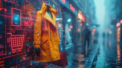 Futuristic Digital Storefront with Yellow Jacket in Rain - Generative AI