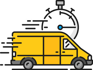 Aufkleber - Delivery time color line icon with fast shipping truck and clock, vector logistics, cargo carriage service. Package delivery courier car, yellow van or truck with stopwatch isolated outline symbol