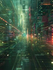 Wall Mural - Mesmerizing Digital Cityscape of Converging Data Energy Fields in Cinematic Surrealism