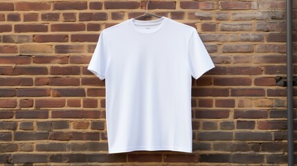 Wall Mural - Stylish white t shirt presented against a visually appealing brick wall for a trendy background