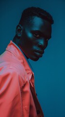 Poster - Close-up portrait of a man in a red jacket with a teal background. He looks sideways, creating a dramatic contrast between his dark skin and the bright colors