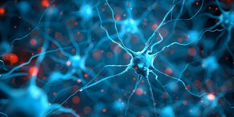 Wall Mural - Visualize blue 3D neurons with electrical pulses and synaptic connections. Concept Neuroscience, 3D Visualization, Neuronal Connectivity, Electrical Activity, Synaptic Transmission