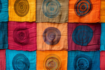 This image features patchwork fabric showcasing varied spirals in bold colors including blue, orange and yellow. The spirals create a dynamic and visually stimulating pattern.