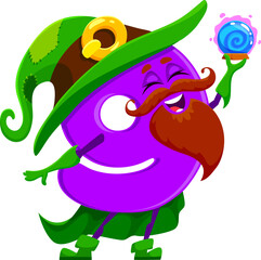 Poster - Cartoon Halloween math number nine wizard character. Mathematics numerical symbol cheerful magician, digit wizard Halloween funny mascot or number sorcerer isolated vector personage with crystal ball