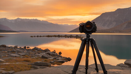 a camera on a tripod, with a beautiful sunset over a lake and mountains in the background.