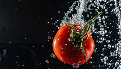 Wall Mural - tomato dropping in water on black background 