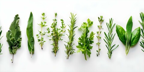 Wall Mural - Top view of various fresh herbs on a white background. Concept Fresh Herbs, Top View, Food Styling, White Background, Culinary Herbs