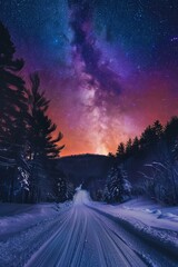 Wall Mural - seeing the colorful milky way as the road leads to the colorful sunrise among snow-covered trees