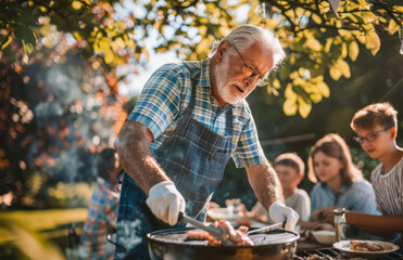 Wall Mural - A handsome man grilling sausages on the grill at an outdoor family picnic, he is smiling and holding tongs with one hand while having fun with friends during summer vacation
