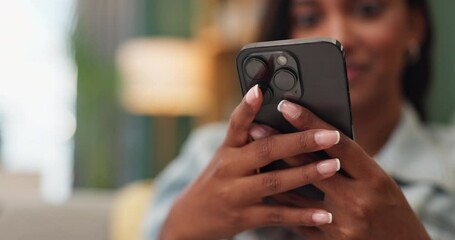 Aufkleber - hands, home and sofa and scroll with smartphone, communication and browse on social media or smile f