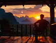 © Bundi - Picture of a woman sitting on her wooden porch extending into a high mountain cliff. There is a beautiful warm orange sunset behind her.