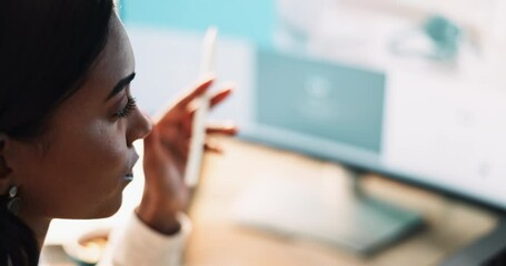 Poster - Woman, thinking and working at desk for problem solving, solution and planning for business. Female entrepreneur, computer and idea in office for project, proposal and company review or report