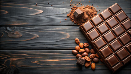 Chocolate as an ingredient in the food on the black wooden table. with cocoa seeds, and leave space for the text,
