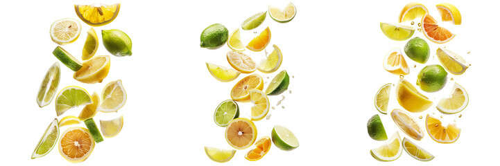 Wall Mural - Set of Freshly cut lemon, lime, and white grapefruit falling in sequence, fruit ninja blend, isolated on a transparent background