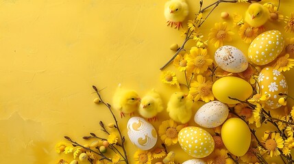 small yellow chicks with colorful flowers isolated on the blue color background with eggs on the bor