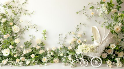 Wall Mural - A white wall, cream, green and white flowers, baby carriage, white plain background