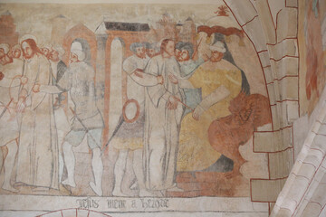 Wall Mural - Vault de Lugny church.  16th century wall painting. Christ in his passion.  Jesus before Herod Antipas.  France.  France.