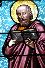 Poster - Vault de Lugny church.  Stained glass window. Simon the Zealot.  France.  France.