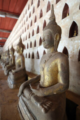 Wall Mural - Wat Sisaket (Si Saket) buddhist temple.  Old Buddha statues in the cloister or gallery surrounding the Sim.  Vientiane. Laos;