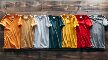 Collection of bright t-shirts on color background,Assorted colorful t-shirts on hangers in a retail clothing store, with focus on a red,shirt,Stylish t-shirts on color background


