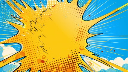 Wall Mural - Comic pop art style yellow explosion halftone on a blue background with space for text