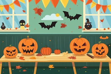Classroom bulletin board with Halloween and fall decorations, flat design illustration